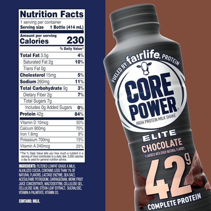 Core Power Elite High Protein Shake, Chocolate, 42g Bottle, 14oz, 12 Pack - Image 2