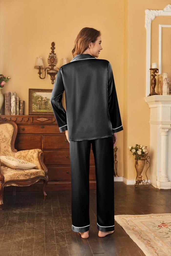 Ekouaer Women's Classic Button Down Long Satin Silk Pajama Set - Image 4