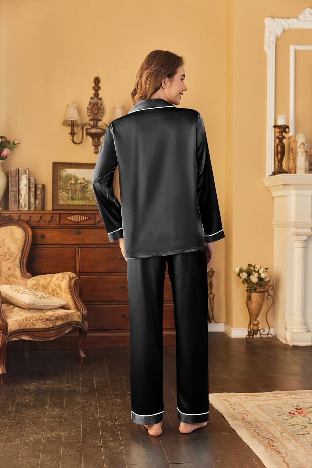 Ekouaer Women's Classic Button Down Long Satin Silk Pajama Set - Image 4