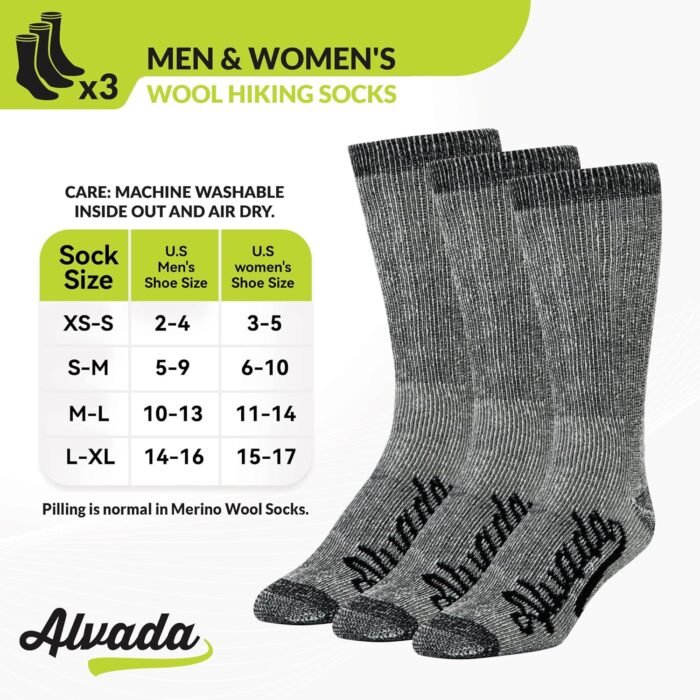 Alvada Merino Wool Hiking Socks Thermal Warm Crew Winter Boot Sock For Men & Women 3 Pairs - Image 4
