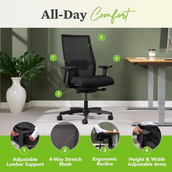 HON Ignition 2.0 Ergonomic Office Chair - Adjustable Tilt, Swivel Wheels, Comfortable for Long Hours - Home Office Desk Chair - Image 4