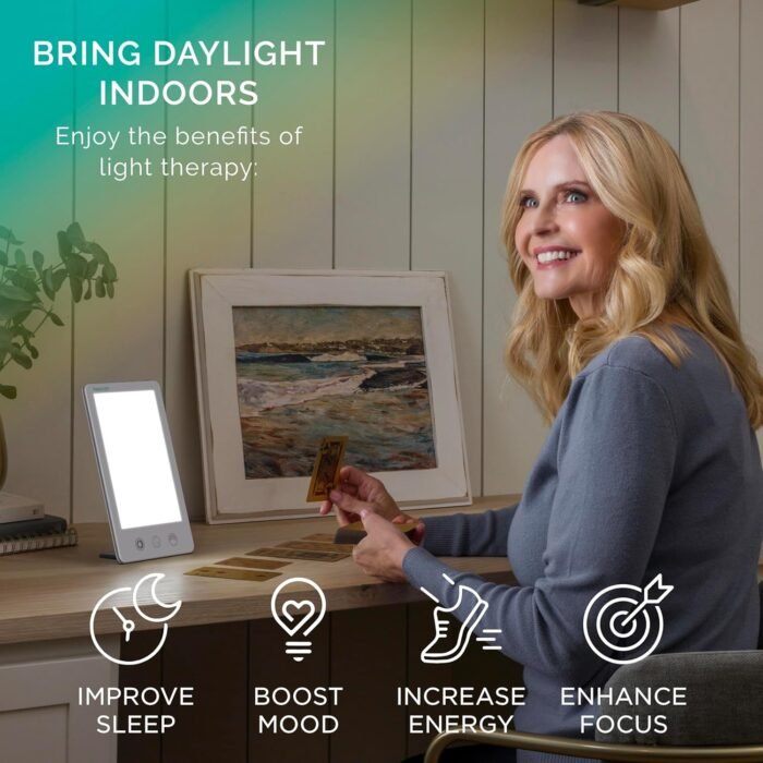 Verilux HappyLight Touch Plus - Light Therapy Lamp with 10,000 Lux, UV-Free, LED Bright White Light with Adjustable Brightness, Color, Countdown Timer, & Detachable Stand - Boost Mood, Sleep, & Focus - Image 2