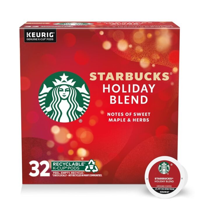 Starbucks K-Cup Coffee Pods, Medium Roast Coffee for Keurig Brewers, Holiday Blend, 100% Arabica, Limited Edition Holiday Coffee, 1 Box (32 Pods)