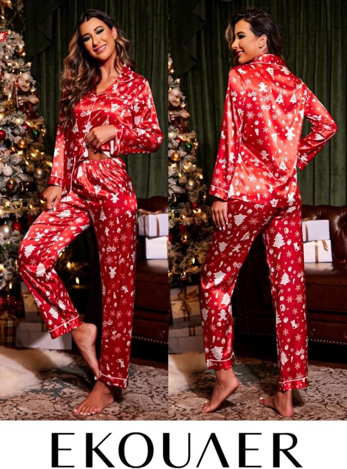 Ekouaer Women's Classic Button Down Long Satin Silk Pajama Set - Image 2