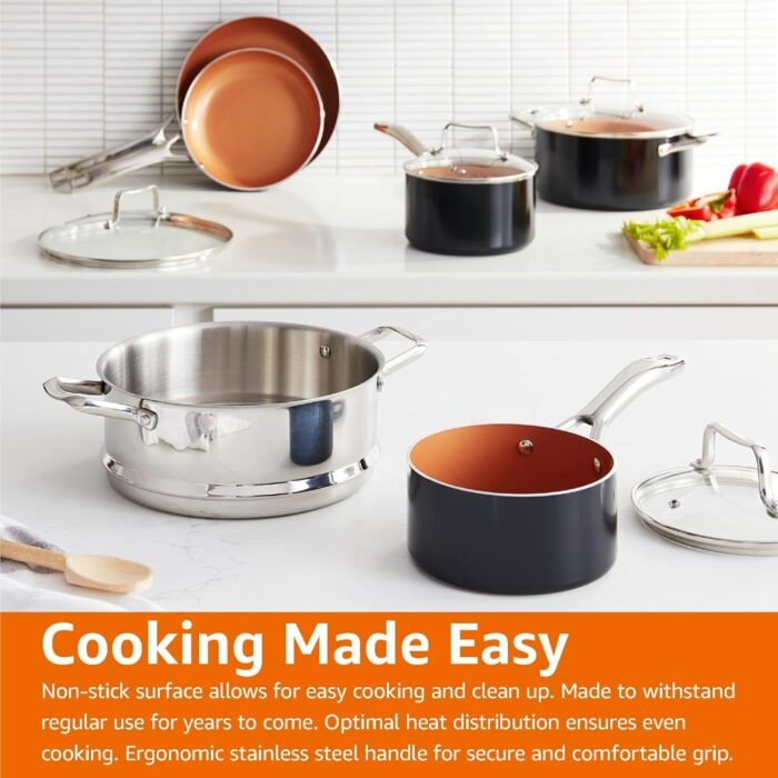 Amazon Basics Ceramic Nonstick Pots and Pans Cookware Set, 10-Piece Set- Copper Color - Image 8