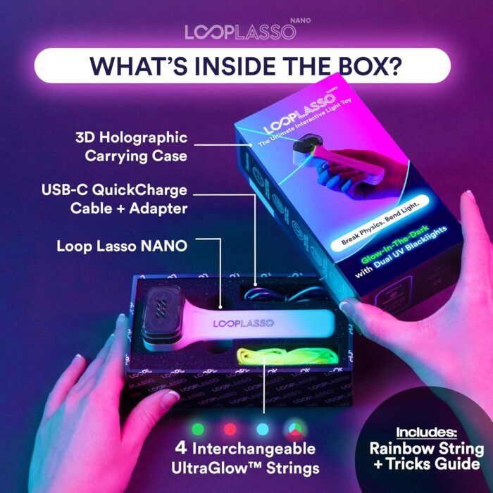 Loop Lasso® Nano - The Original Glow-in-The-Dark String Shooter Toy - Built-in UV Blacklight - Safe Interactive STEM Learning Toy - Viral Stocking Stuffer Gadget - Holiday Family Game Night Fun - Image 3