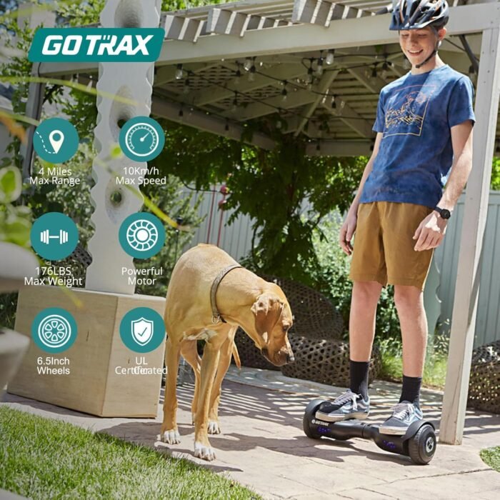 Gotrax Hoverboard with 6.5" LED Wheels & Headlight, Max 4/6 Miles Range, 6.2mph Power by Dual Brushless Motor, UL2272 Certified and 50.4Wh/93.6Wh Battery Self Balancing Scooters for 44-176lbs Kids - Image 2