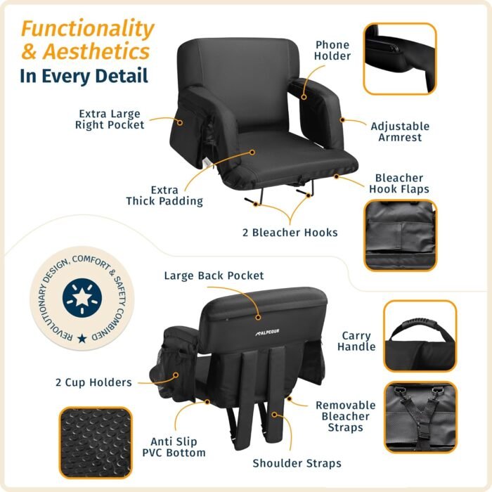 Reclining Stadium Seats for Bleachers with Back Support – Wide Bleacher Chair Cushion, Armrests, Large Pockets, and Multiple Safety Features – Best Stadium Seat Chairs for Camping, Kayak Backs & More - Image 3