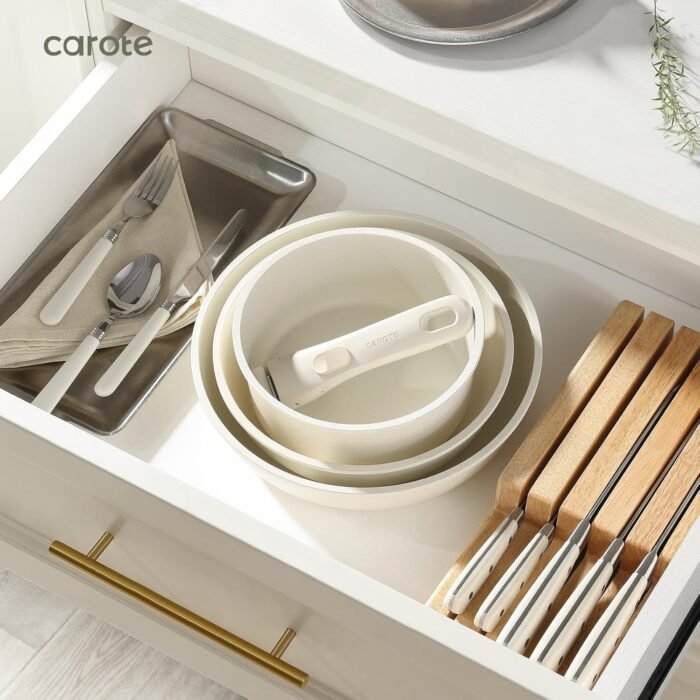 CAROTE 21pcs Pots and Pan Set Non Stick, Nonstick Induction Cookware, Cookware Set Kitchen with Detachable Handle, Removable Handle Cookware, RV Oven Safe Cookware, Cream White - Image 5