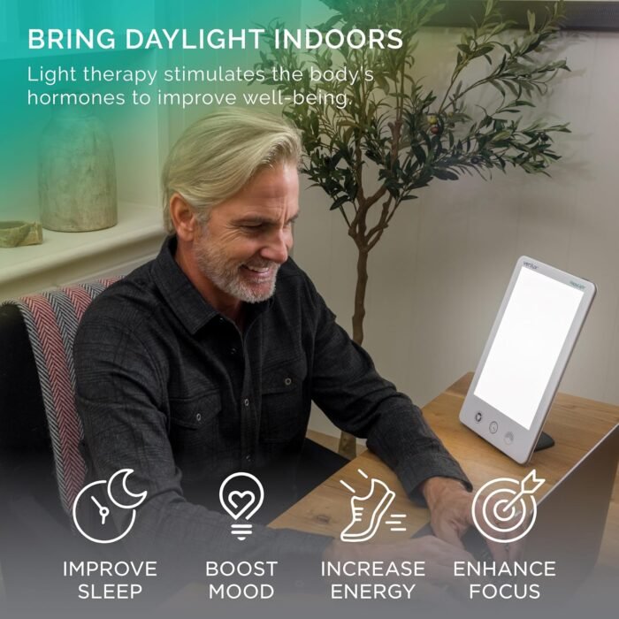 Verilux HappyLight Luxe - Light Therapy Lamp with 10,000 Lux, UV-Free, LED Bright White Light with Adjustable Brightness, Color, Countdown Timer, & Stand - Boost Mood, Sleep, Focus (White) - Image 2