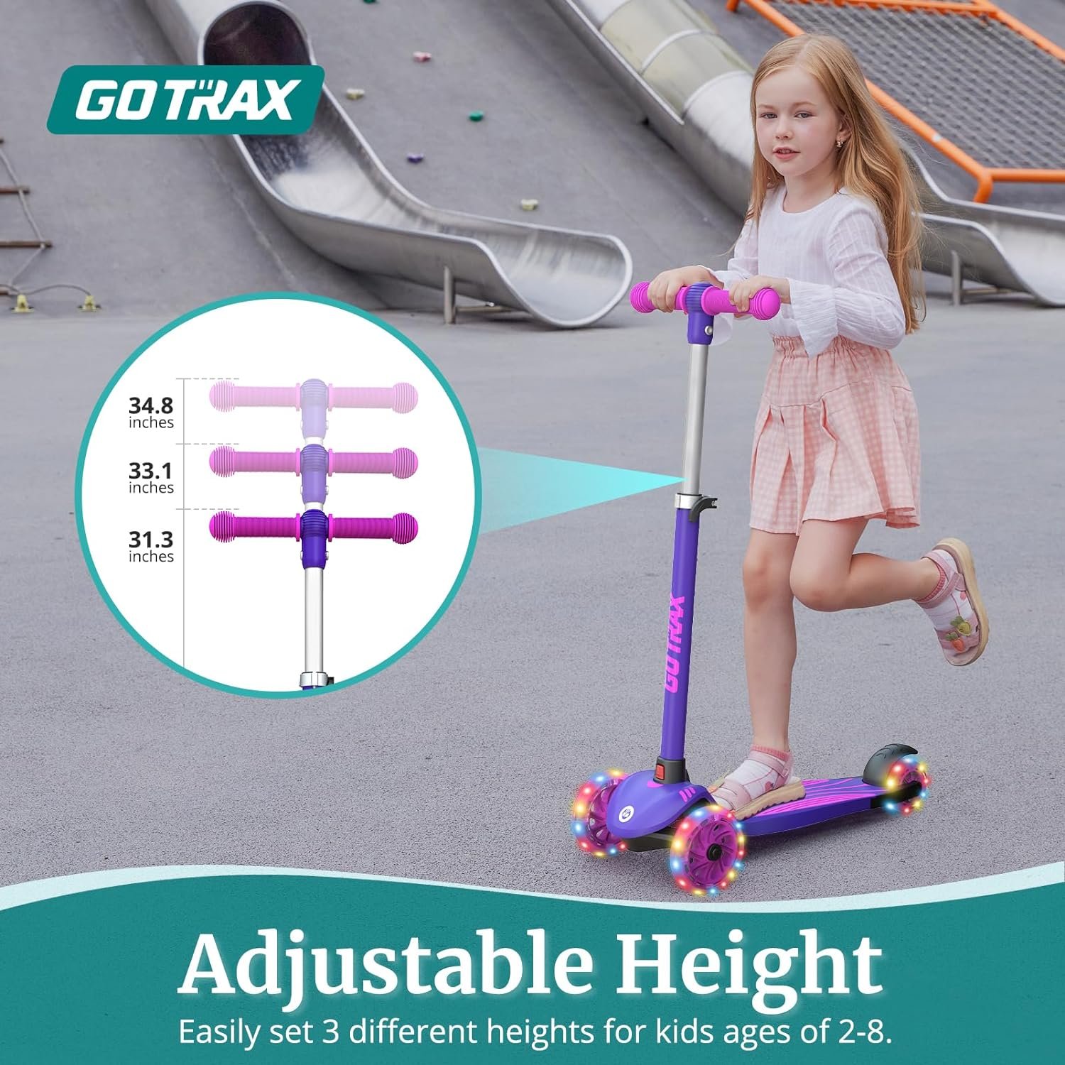 Gotrax KS1 Kids Kick Scooter, LED Lighted Wheels and 3 Adjustable Height Handlebars, Lean-to-Steer & Widen Anti-Slip Deck, 3 Wheel Scooter for Boys & Girls Ages 2-8 and up to 100 Lbs - Image 3