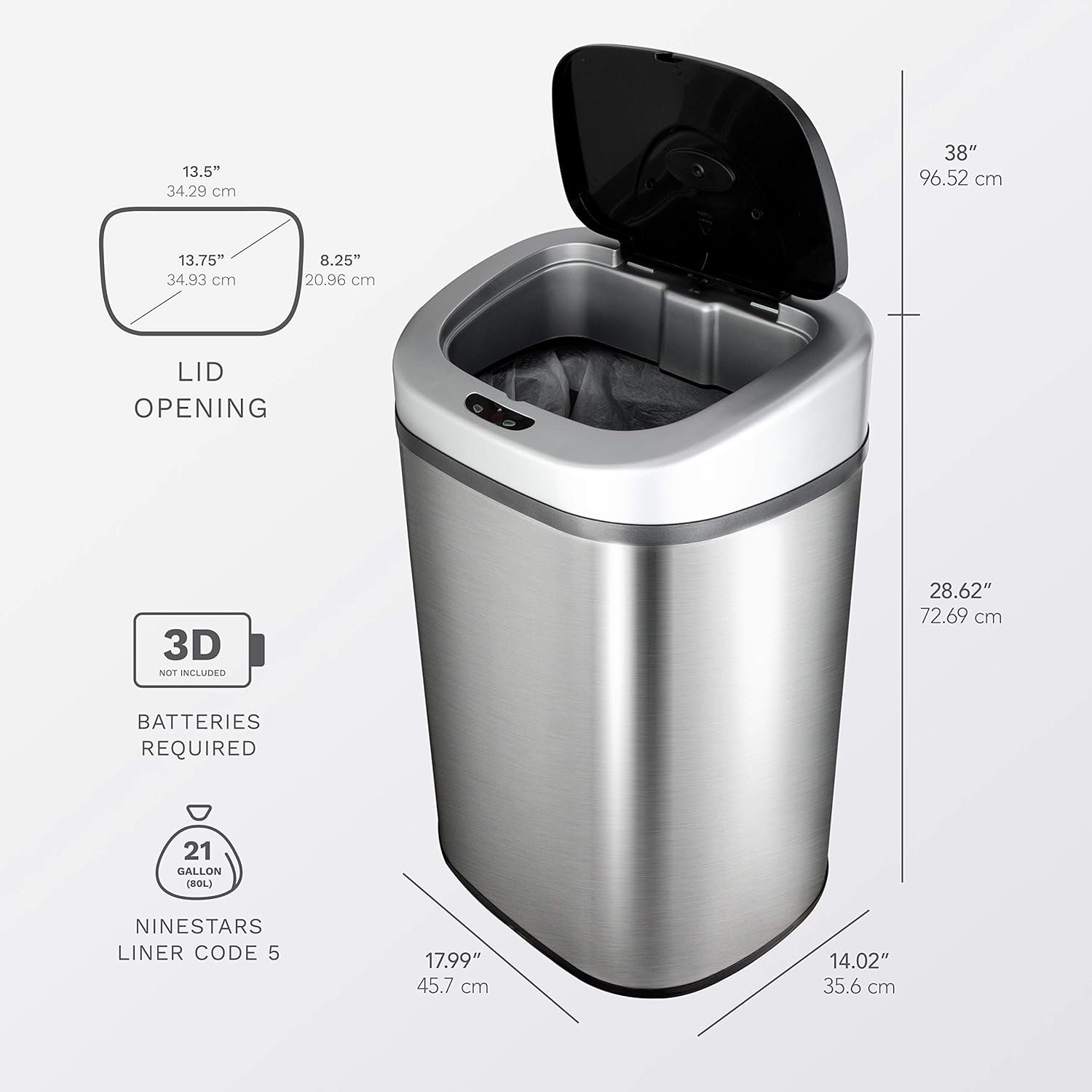 NINESTARS Automatic Touchless Infrared Motion Sensor Trash Can with Stainless Steel Base & Oval, Silver/Black Lid, 21 Gal - Image 5