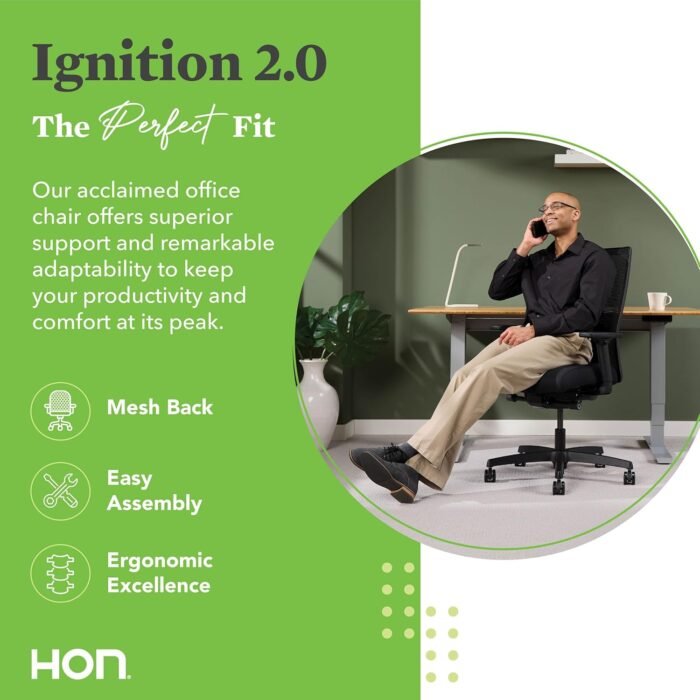 HON Ignition 2.0 Ergonomic Office Chair - Adjustable Tilt, Swivel Wheels, Comfortable for Long Hours - Home Office Desk Chair - Image 3