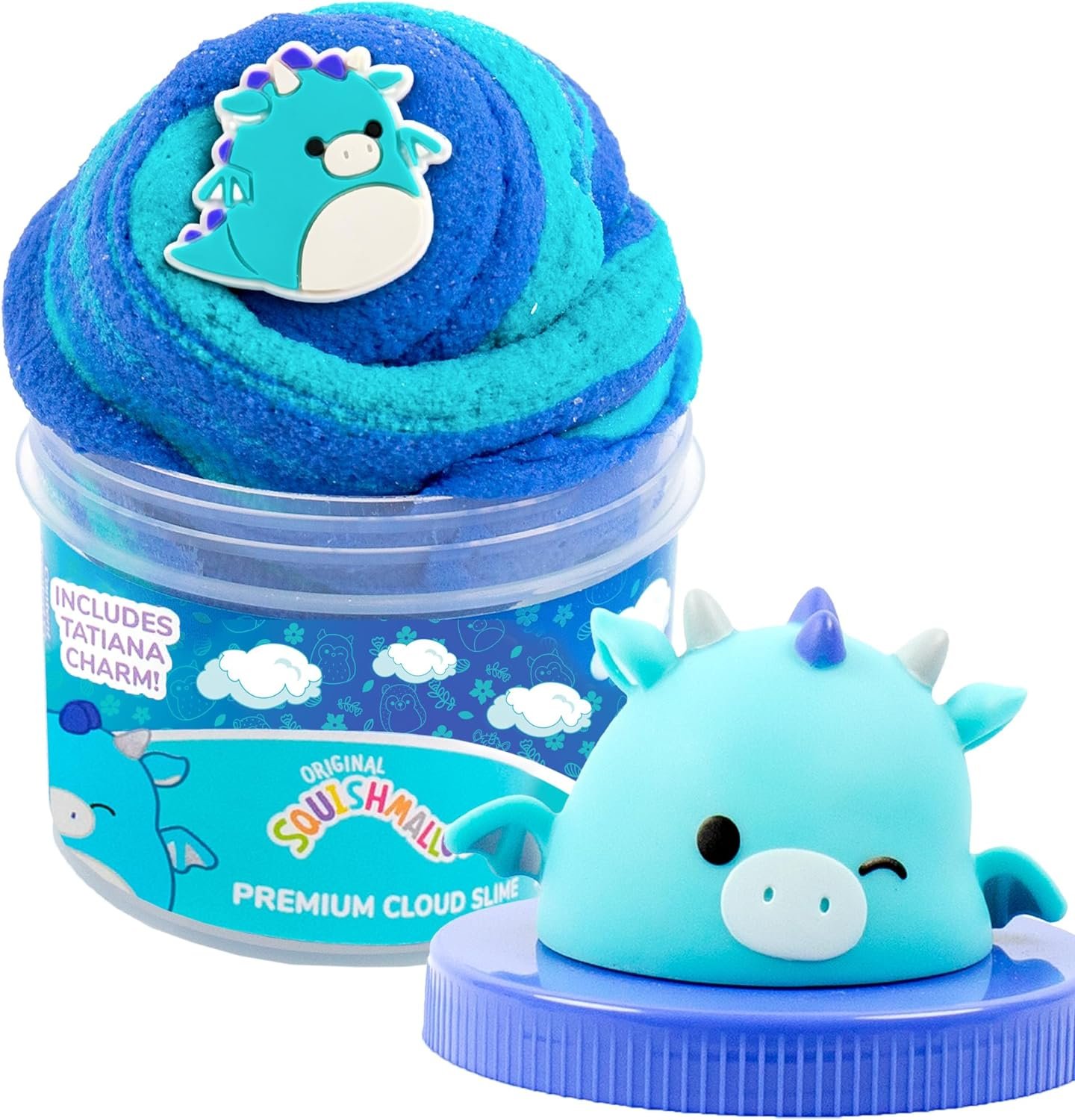Original Squishmallows Tatiana The Dragon Premium Cloud Slime, 8 oz. Fluffy Slime, Blue Raspberry Scented, 3 Fun Slime Add Ins, Pre-Made Slime for Kids, Great 6 Year Old Toys, Super Soft Sludge Toy