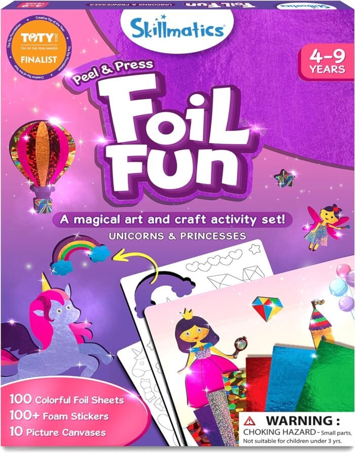 Skillmatics Art & Craft Activity - Foil Fun Unicorns & Princesses, No Mess Art for Kids, Craft Kits, DIY Creative Activity, Christmas Gifts for Girls & Boys Ages 4, 5, 6, 7, 8, 9, Travel Toys