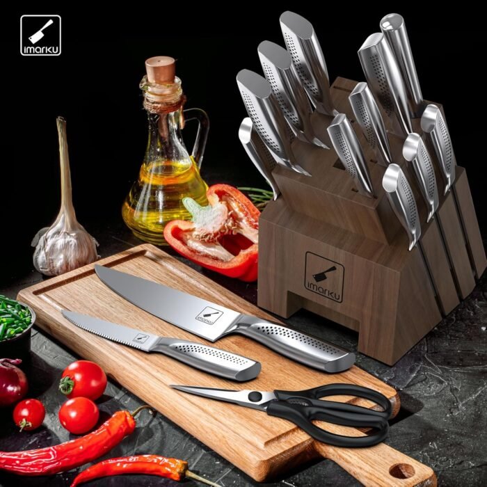 imarku Knife Set, 16PCS High Carbon Stainless Steel Kitchen Knife Set with Block Ultra Sharp Knife Block Set, Japanese Knife Set with Dotted Non-slip Ergonomic Handle, Dark Brown, Christmas Gifts - Image 7