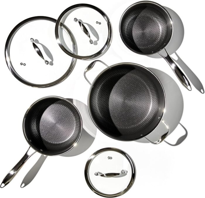 HexClad Hybrid Nonstick 6-Piece Pot Set with Trivets, 2, 3, and 8-Quart Pots with Tempered Glass Lids, 2 Silicone Trivets Included, Dishwasher Safe, Compatible with All Cooktops - Image 2