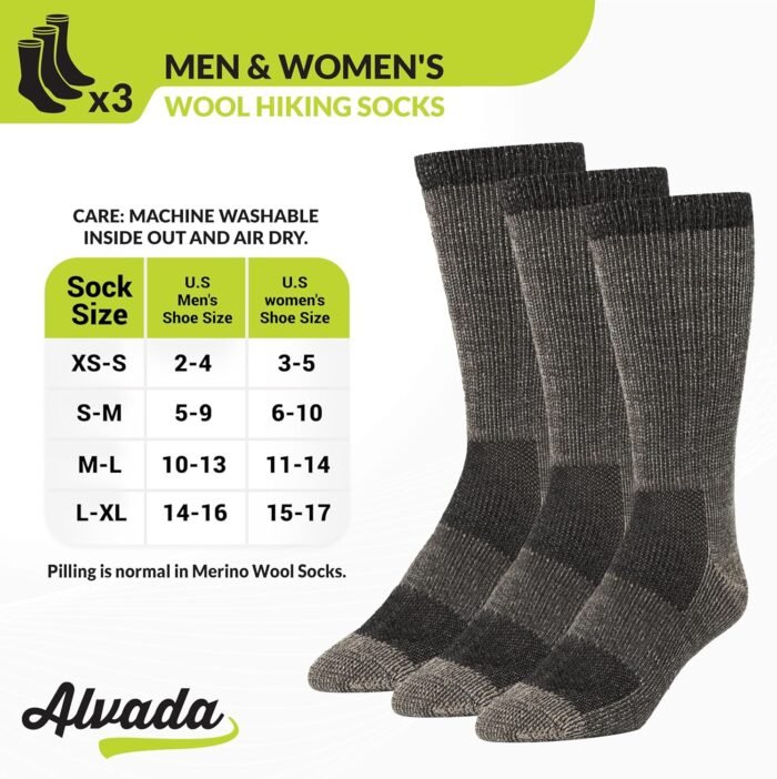 Alvada Merino Wool Hiking Socks Thermal Warm Crew Winter Boot Sock For Men & Women 3 Pairs - Image 4