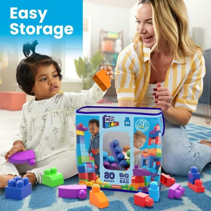 MEGA BLOKS First Builders Toddler Blocks Toys Set, Big Building Bag with 80 Pieces and Storage, Blue, Ages 1+ Years - Image 6