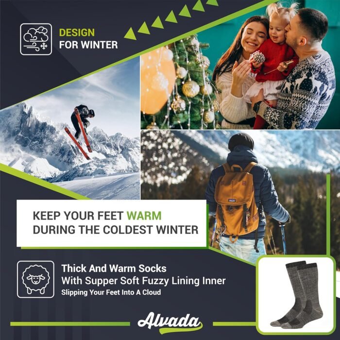 Alvada Merino Wool Hiking Socks Thermal Warm Crew Winter Boot Sock For Men & Women 3 Pairs - Image 6