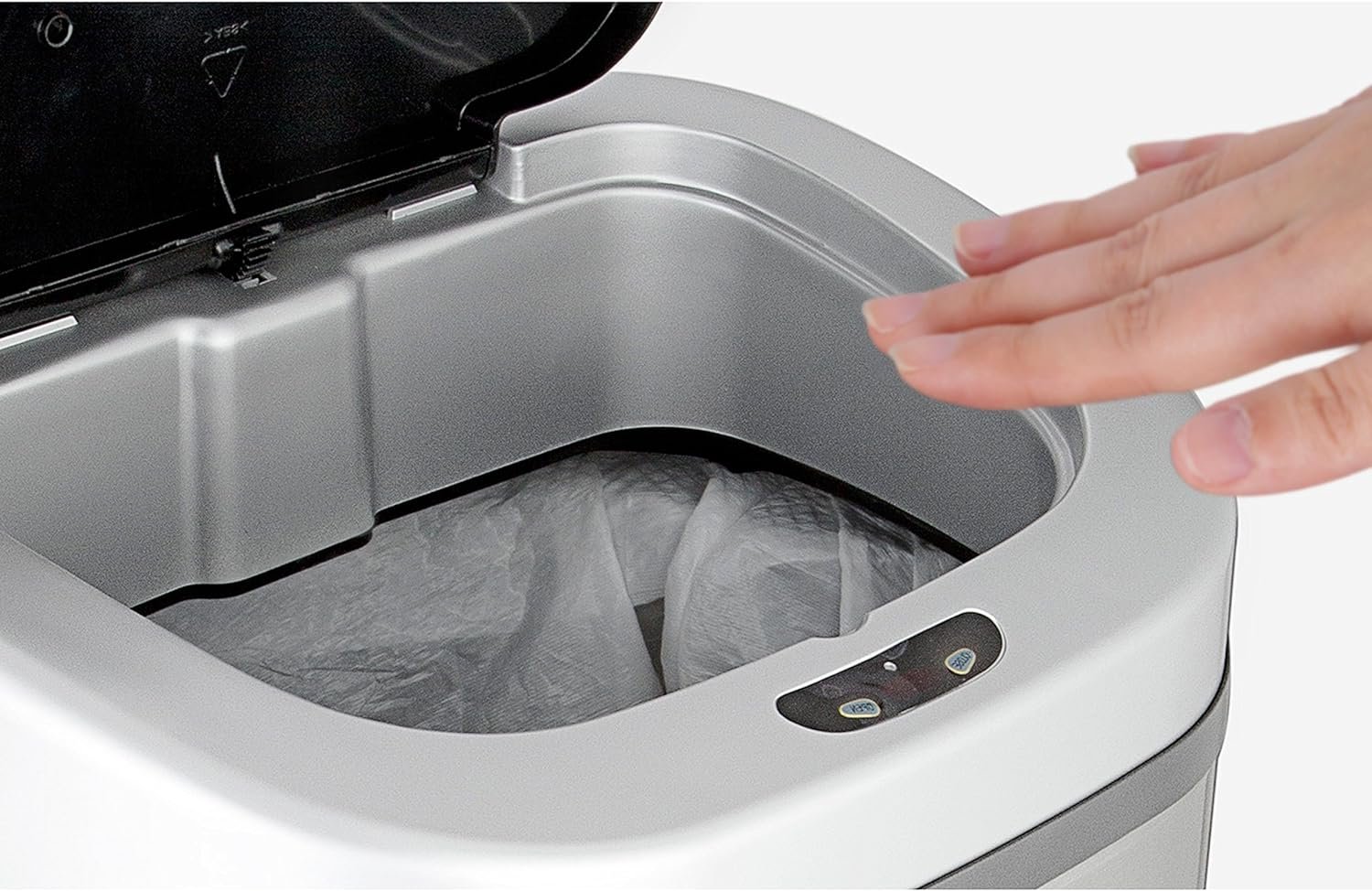 NINESTARS Automatic Touchless Infrared Motion Sensor Trash Can with Stainless Steel Base & Oval, Silver/Black Lid, 21 Gal - Image 7