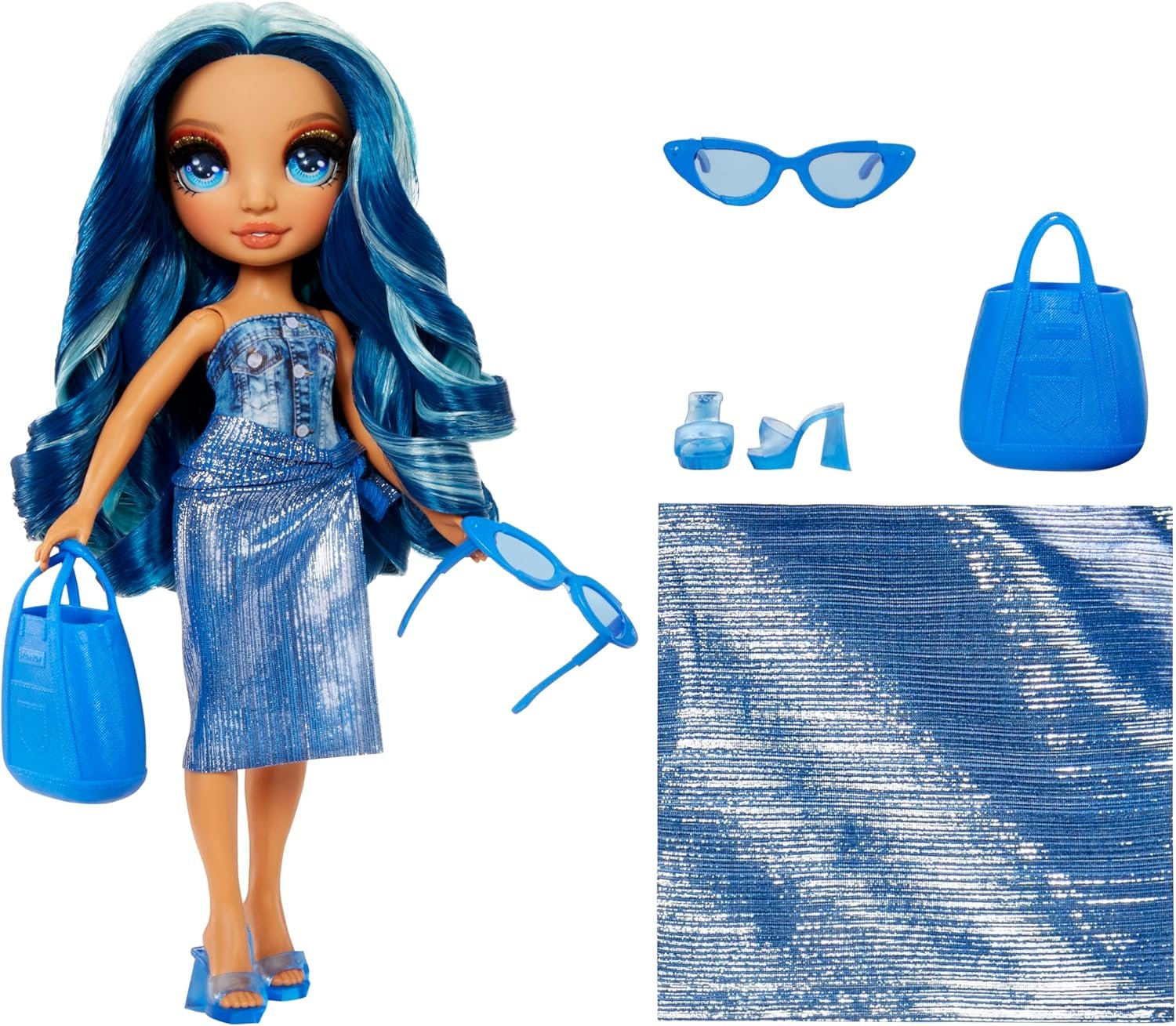 Rainbow High Swim & Style Skyler, Blue 11" Fashion Doll with Shimmery Wrap to Style 10+ Ways, Removable Swimsuit, Sandals, Fun Play Accessories, Great Toy Gift for Girls Kids Ages 4-12 Years - Image 2