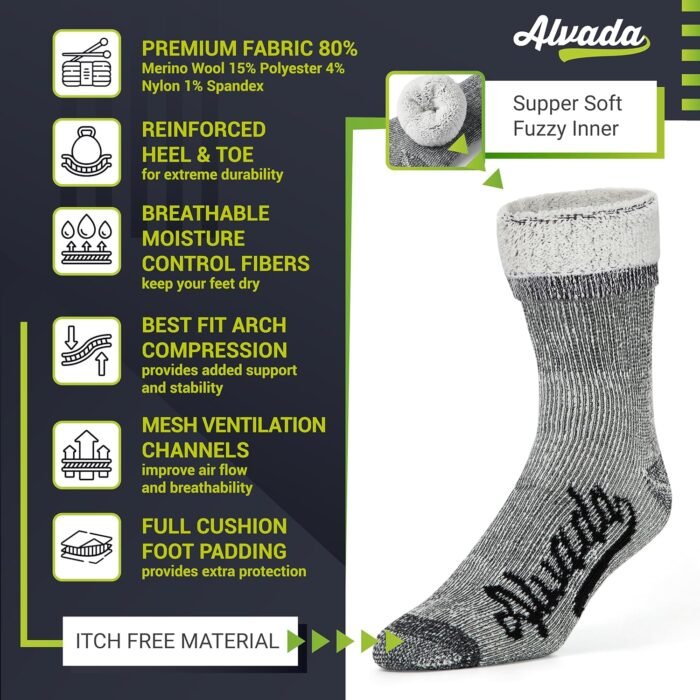 Alvada Merino Wool Hiking Socks Thermal Warm Crew Winter Boot Sock For Men & Women 3 Pairs - Image 3
