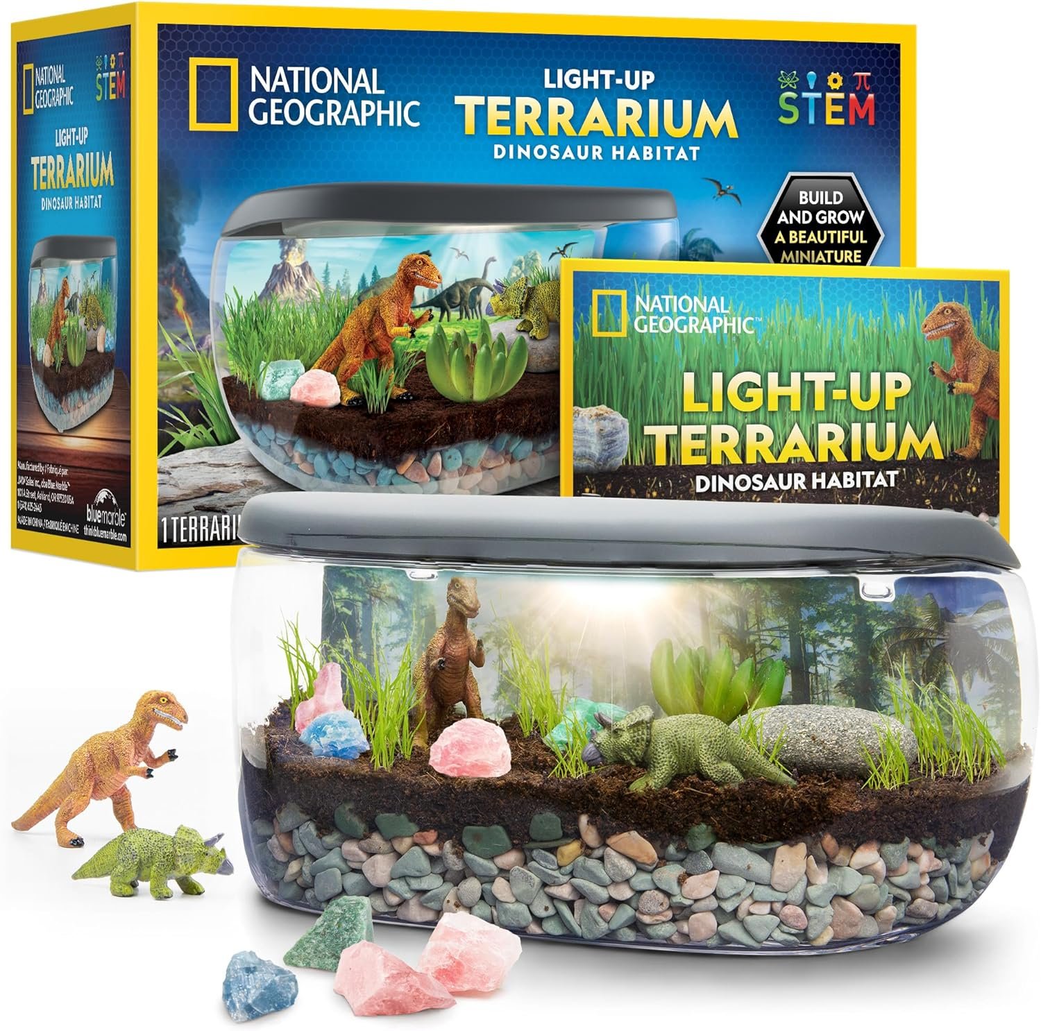 NATIONAL GEOGRAPHIC Light Up Terrarium Kit for Kids - Build a Dinosaur Habitat with Real Plants & Gemstones, Science Kit, Dinosaur Toys for Kids (Amazon Exclusive)