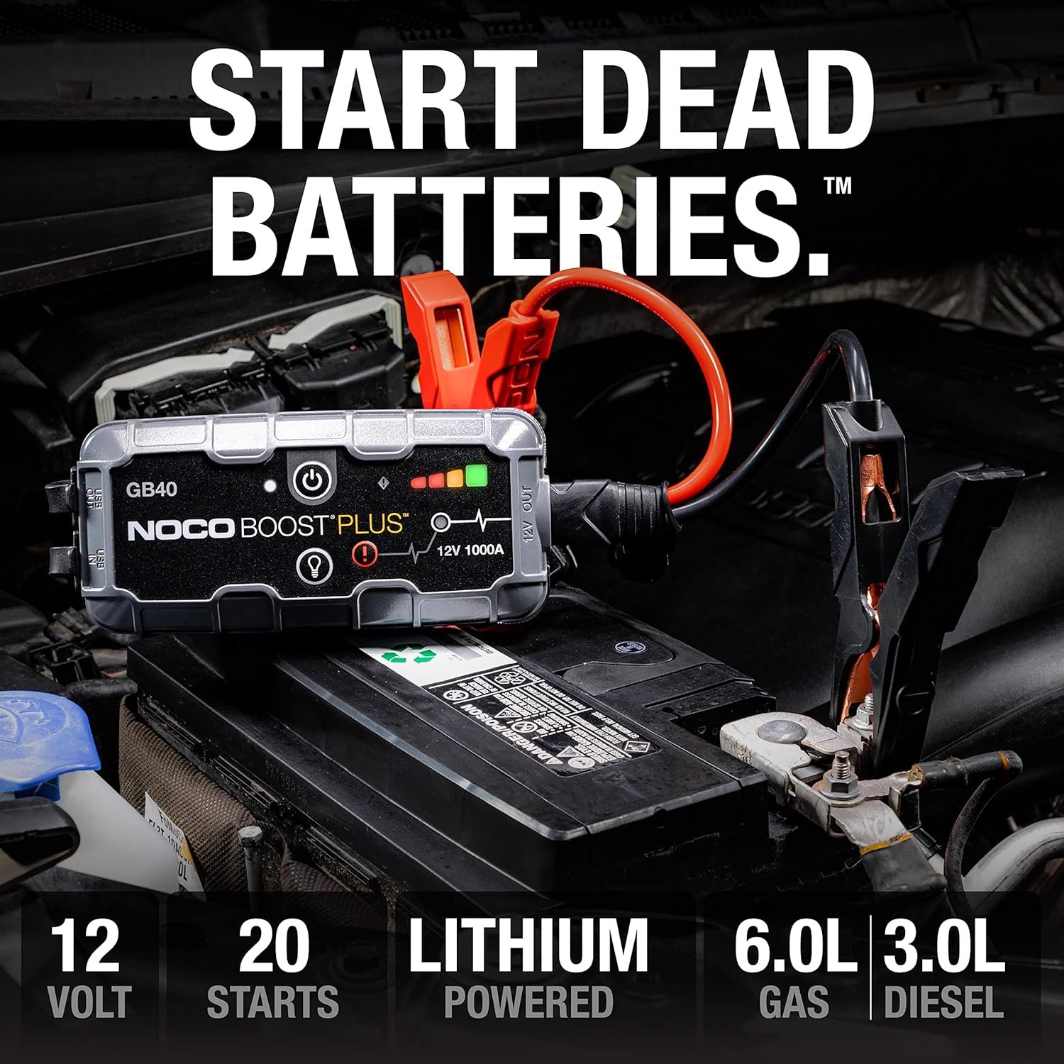 NOCO Boost Plus GB40 1000A UltraSafe Car Battery Jump Starter, 12V Battery Pack, Battery Booster, Jump Box, Portable Charger and Jumper Cables for 6.0L Gasoline and 3.0L Diesel Engines - Image 2