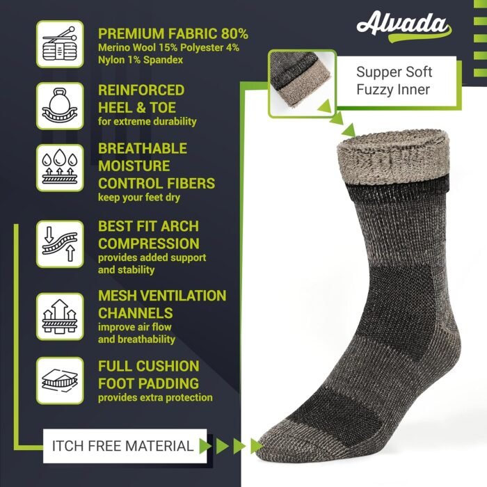 Alvada Merino Wool Hiking Socks Thermal Warm Crew Winter Boot Sock For Men & Women 3 Pairs - Image 3