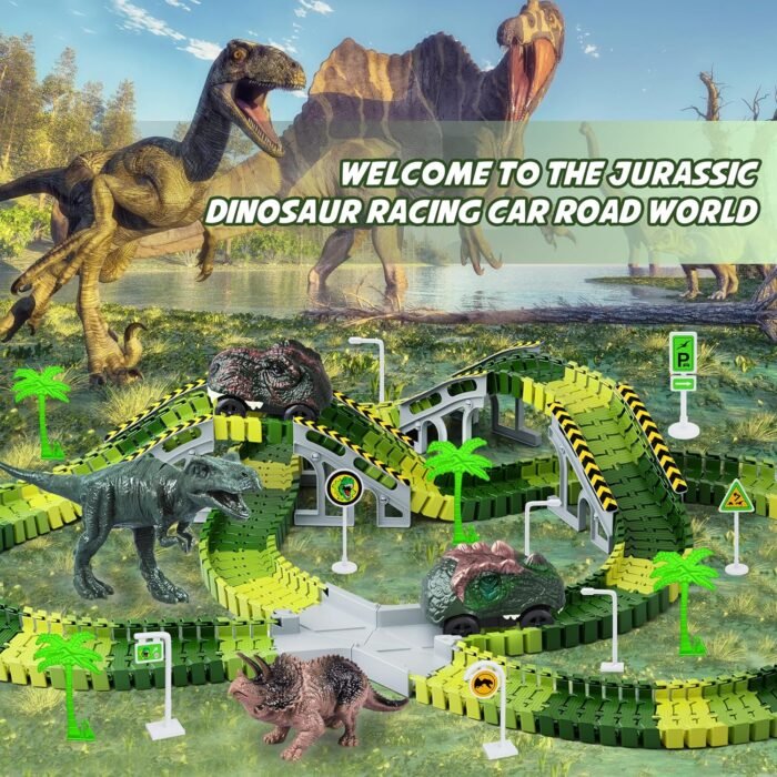 Dinosaur Toys, 252 PCS Create A Dinosaur World Road Race Tracks, Flexible Track Playset, 2pcs Dinosaur Car for 3 4 5 6 Year Old Boys Girls Birthday Party Favor Gift - Image 6
