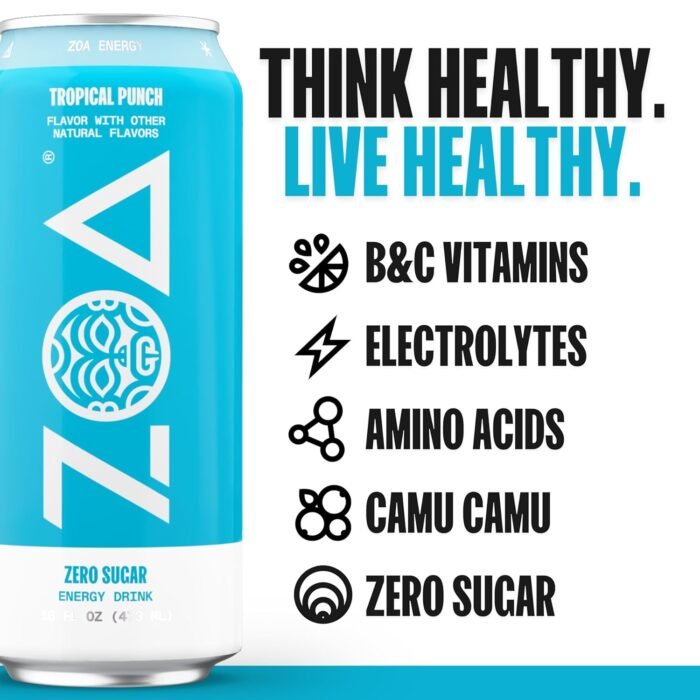 ZOA Zero Sugar Energy Drinks, Tropical Punch - Sugar Free with Electrolytes, Healthy Vitamin C, Amino Acids, Essential B-Vitamins, and Caffeine from Green Tea - 16 Fl Oz (12-Pack) - Image 6