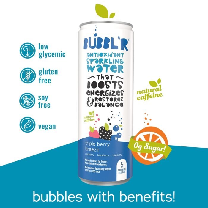 BUBBL'R triple berry breez'r, Antioxidant Sparkling Water with Natural Caffeine, 0g Sugar, Gluten Free, All Natural Flavors, 12 Fl Oz Cans, 12 Count - Image 3
