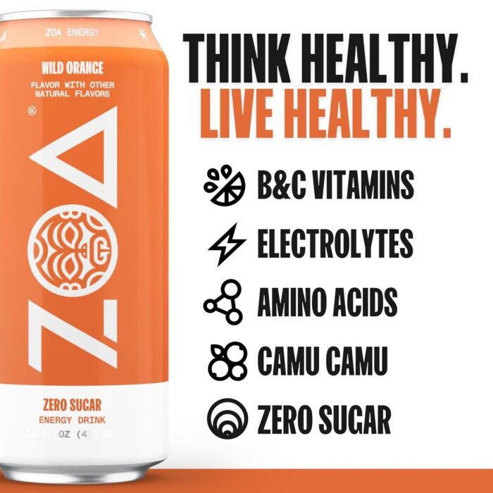 ZOA Zero Sugar Energy Drinks, Wild Orange - Sugar Free with Electrolytes, Healthy Vitamin C, Amino Acids, Essential B-Vitamins, and Caffeine from Green Tea - 16 Fl Oz (12-Pack) - Image 2