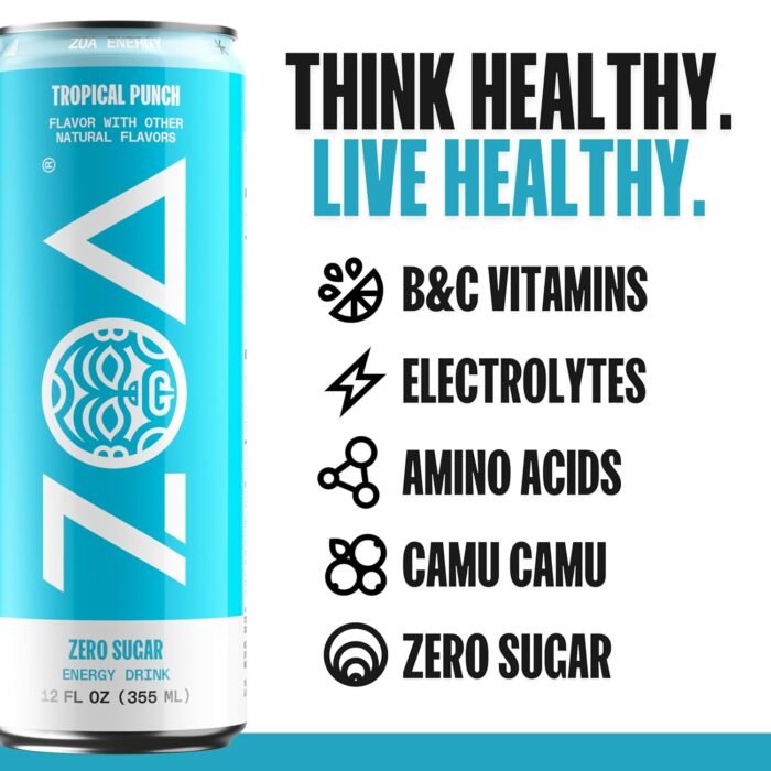 ZOA Zero Sugar Energy Drinks, Tropical Punch - Sugar Free with Electrolytes, Healthy Vitamin C, Amino Acids, Essential B-Vitamins, and Caffeine from Green Tea - 12 Fl Oz (12-Pack) - Image 7