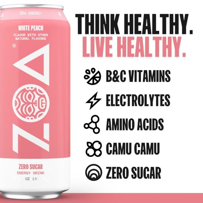 ZOA Zero Sugar Energy Drinks, White Peach - Sugar Free with Electrolytes, Healthy Vitamin C, Amino Acids, Essential B-Vitamins, and Caffeine from Green Tea - 16 Fl Oz (12-Pack) - Image 2