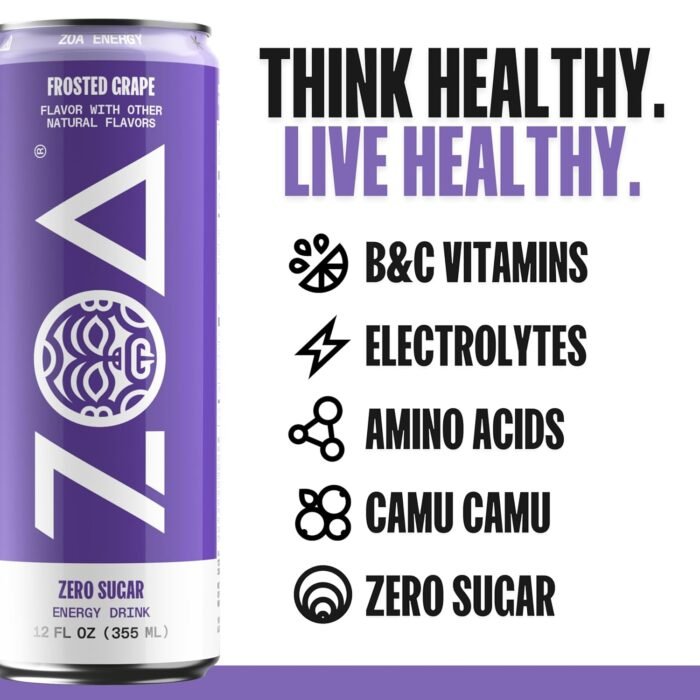 ZOA Zero Sugar Energy Drinks, Variety Pack - Sugar Free with Electrolytes, Healthy Vitamin C, Amino Acids, Essential B-Vitamins, and Caffeine from Green Tea - 12 Fl Oz (12-Pack) - Image 2