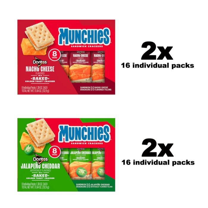 Munchies Baked Sandwich Crackers Variety Pack, Doritos Nacho Cheese and Doritos Jalapeno Cheddar, 1.38 Oz sleeves (Pack of 32) - Image 2