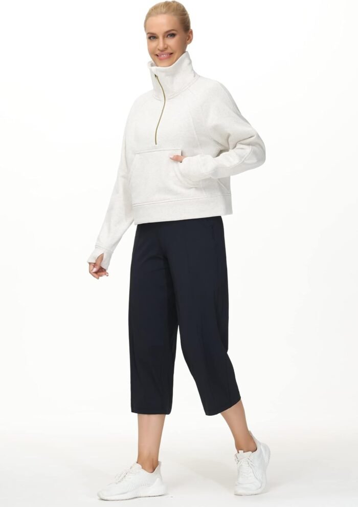 THE GYM PEOPLE Womens' Half Zip Pullover Fleece Stand Collar Crop Sweatshirt with Pockets Thumb Hole - Image 6