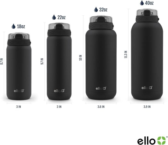 Ello Cooper 22oz Stainless Steel Water Bottle with Straw and Carry Handle, Double Walled and Vacuum Insulated Metal, Leak Proof Locking Lid with Soft Silicone Spout, Reusable, BPA Free, Black - Image 4