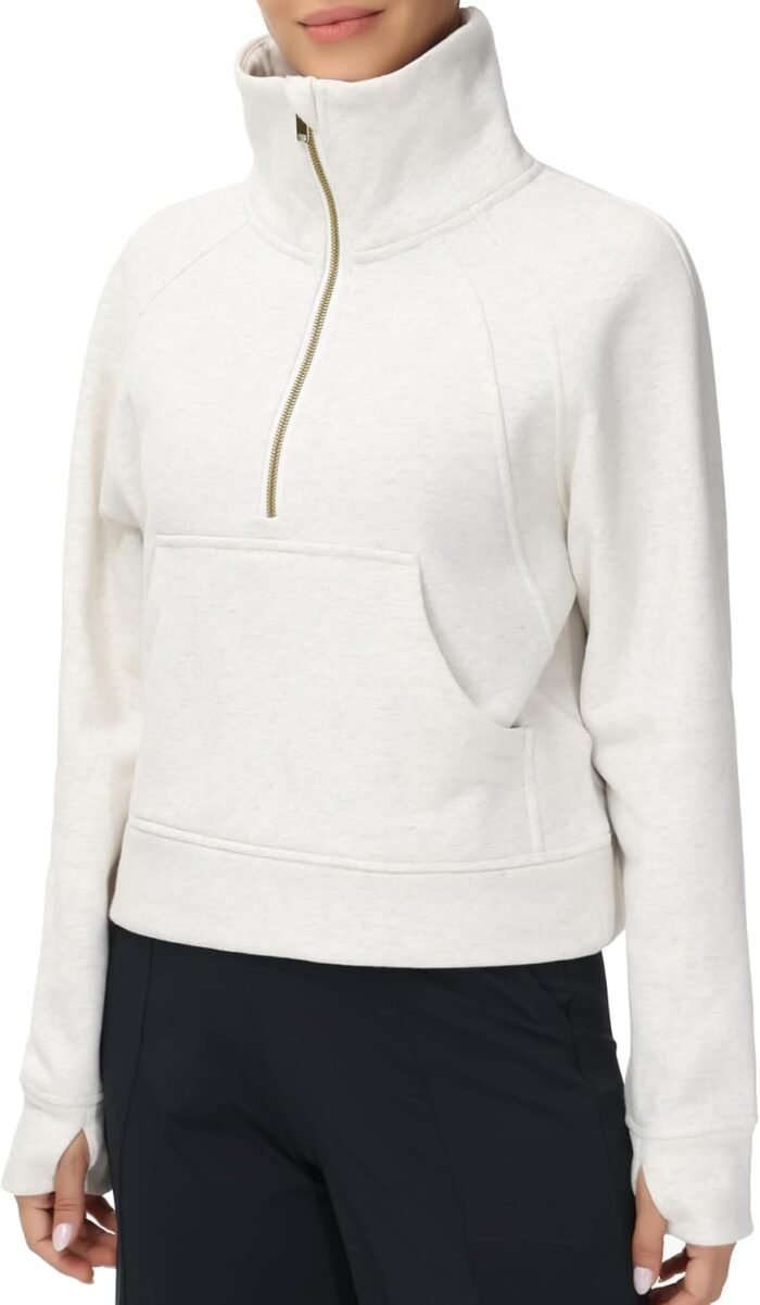 THE GYM PEOPLE Womens' Half Zip Pullover Fleece Stand Collar Crop Sweatshirt with Pockets Thumb Hole - Image 4