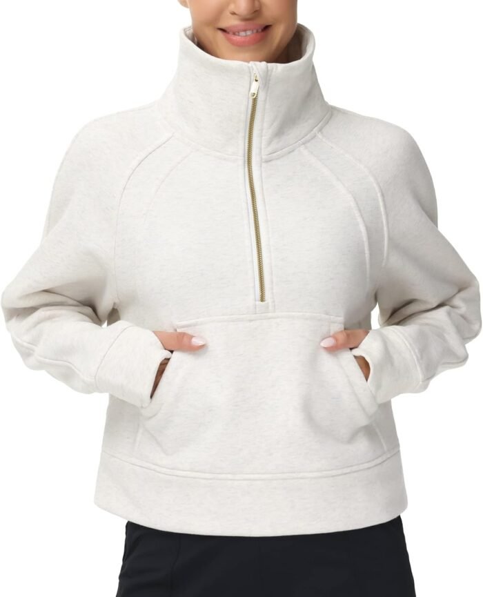 THE GYM PEOPLE Womens' Half Zip Pullover Fleece Stand Collar Crop Sweatshirt with Pockets Thumb Hole - Image 3