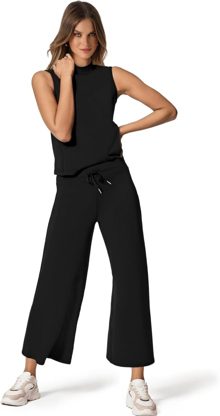 SAMPEEL Two Piece Sets for Women Summer Outfits Lounge Sets Mock Neck Tops Wide Leg Crop Pants Vacation Travel Outfits - Image 2
