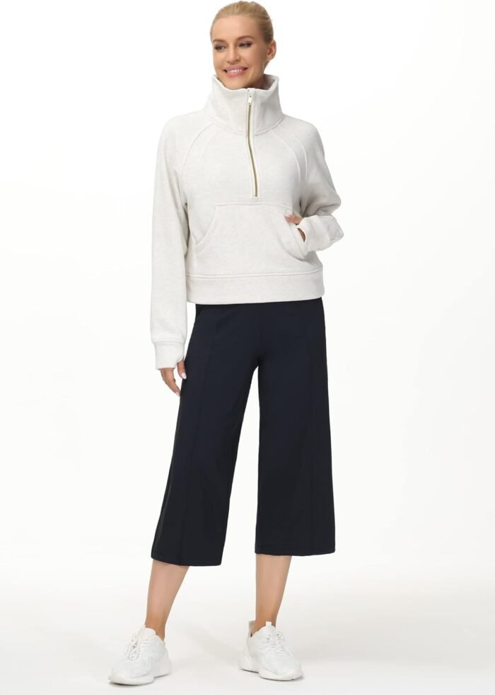 THE GYM PEOPLE Womens' Half Zip Pullover Fleece Stand Collar Crop Sweatshirt with Pockets Thumb Hole - Image 7