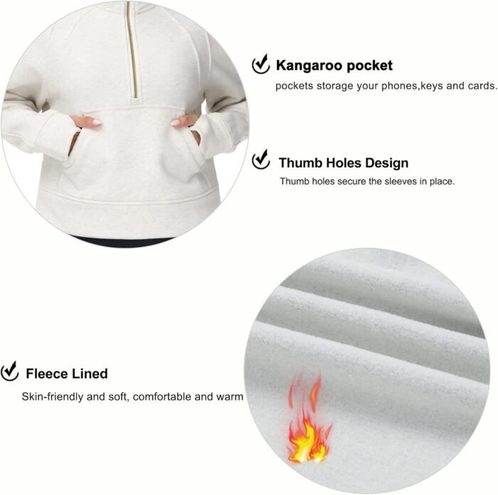 THE GYM PEOPLE Womens' Half Zip Pullover Fleece Stand Collar Crop Sweatshirt with Pockets Thumb Hole - Image 5