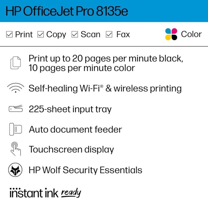 HP OfficeJet Pro 8135e Wireless All-in-One Color Inkjet Printer, Print, Scan, Copy, Fax, ADF, Duplex Printing, Best-for-Home Office, 3 Months of Instant Ink included (40Q35A) - Image 2