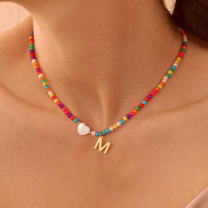 Ursteel Colorful Initial Cute Necklaces for Girls - Trendy Beaded Choker Necklace for Women Teen Girl, Handmade Letter Necklace Valentines Day Gifts for Women Girls Jewelry - Image 2
