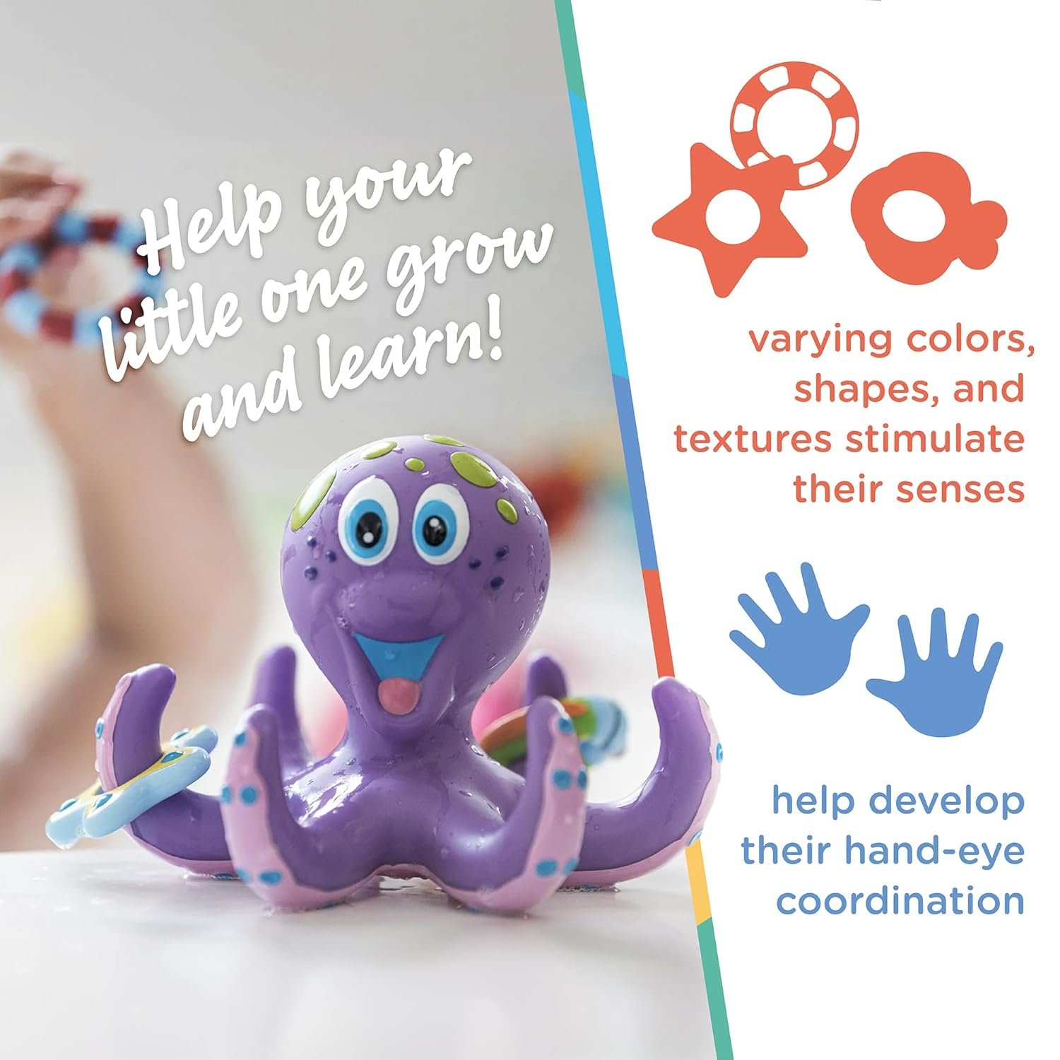 Nuby Floating Octopus Toy with 3 Hoopla Rings - Baby Bath Toy for Boys and Girls - 18+ Months - Purple (Pack of 1) - Image 3