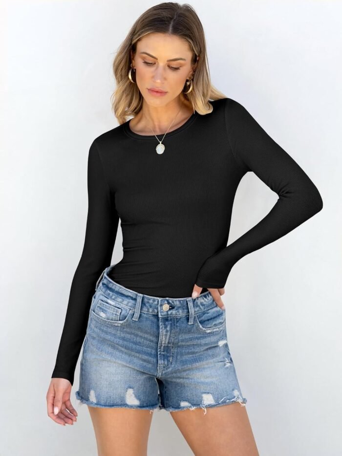ANRABESS Women Long Sleeve Crewneck Rib Knit Slim Fit Shirts Basic Tee Tops 2025 Casual T-Shirt Going Out Workout Outfits - Image 2