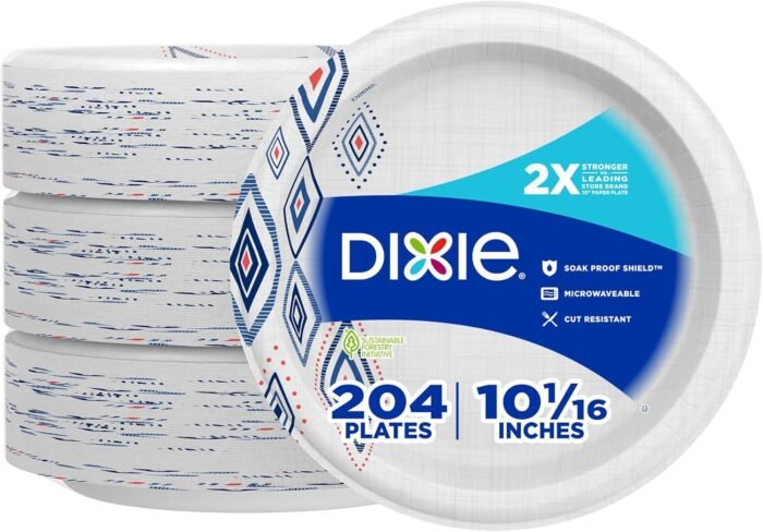 Dixie Large Paper Plates, 10 Inch, 204 Count, 2X Stronger, Microwave-Safe, Soak-Proof, Cut Resistant, Disposable Plates For Everyday Breakfast, Lunch, & Dinner Meals